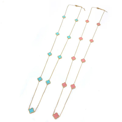 Gammie Italian Clover Gold Pink Enamel Long Necklace