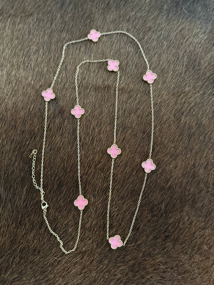 Gammie Italian Clover Gold Pink Enamel Long Necklace