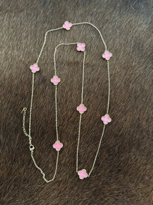 Gammie Italian Clover Gold Pink Enamel Long Necklace