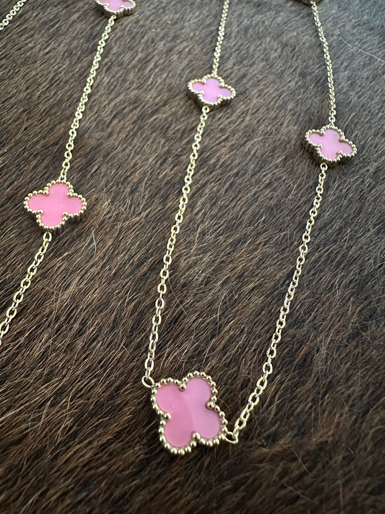 Gammie Italian Clover Gold Pink Enamel Long Necklace