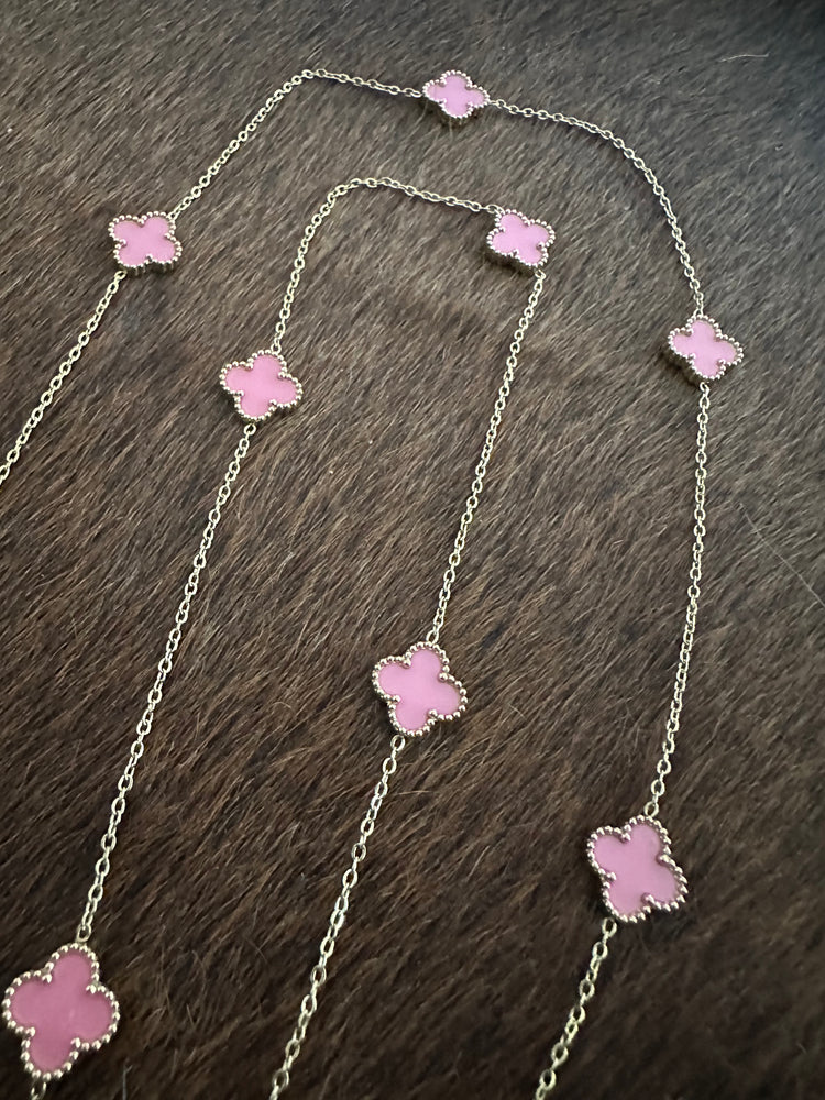 Gammie Italian Clover Gold Pink Enamel Long Necklace