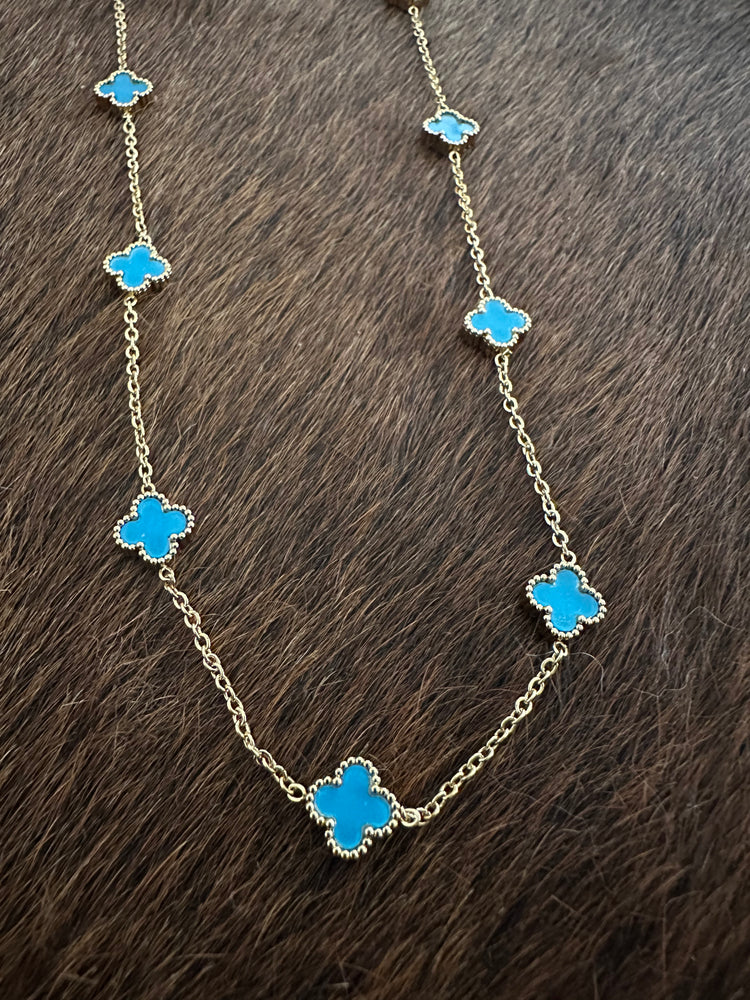 Gammie Italian Clover Blue Enamel Gold Chain Short Necklace