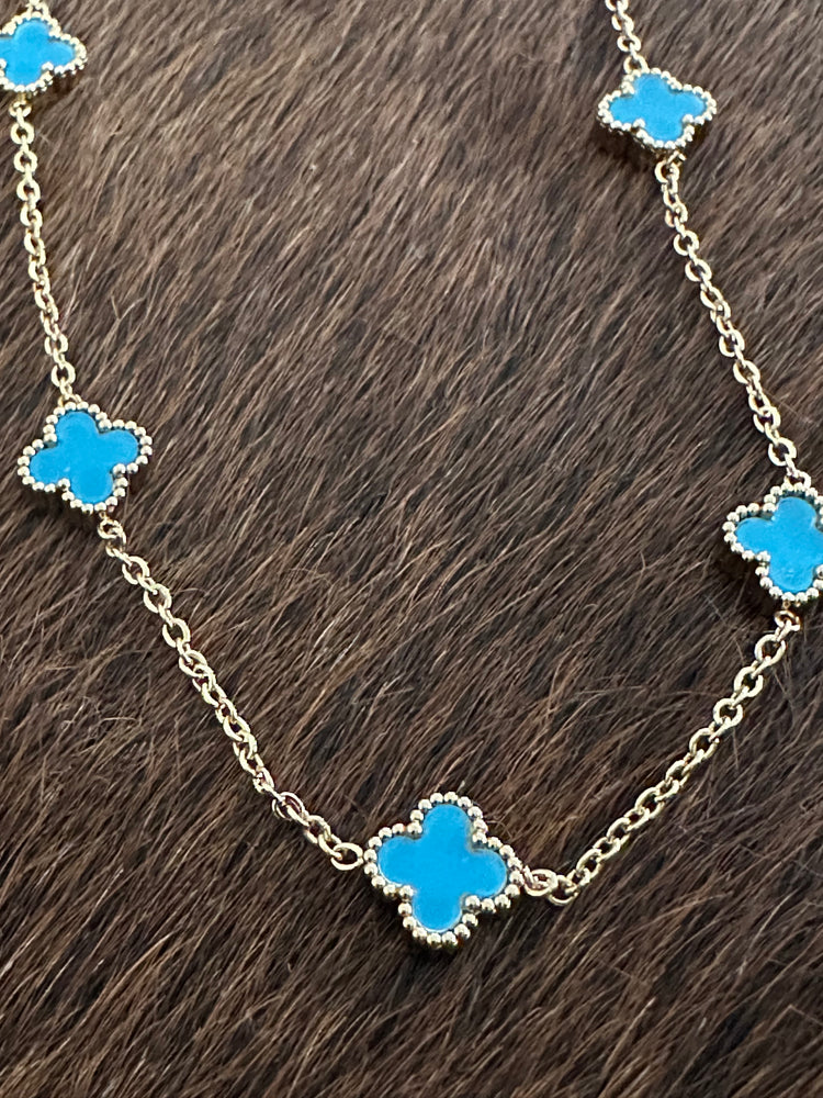 Gammie Italian Clover Blue Enamel Gold Chain Short Necklace