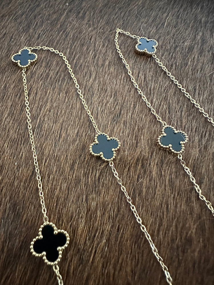 Gammie Italian Clover Gold Black Enamel Long Necklace