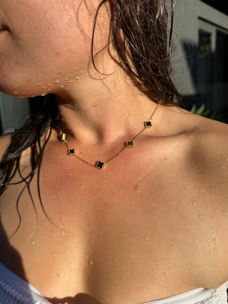 Gammie Italian Clover Black Enamel Gold Chain Necklace