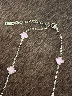 Gammie Italian Clover Pink Enamel Gold Short Chain Necklace