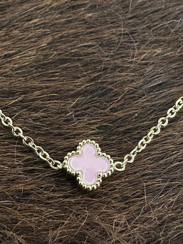 Gammie Italian Clover Pink Enamel Gold Short Chain Necklace