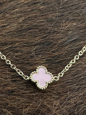 Gammie Italian Clover Pink Enamel Gold Short Chain Necklace