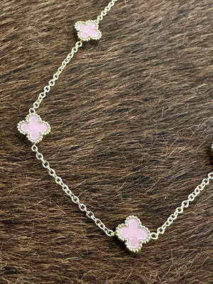 Gammie Italian Clover Pink Enamel Gold Short Chain Necklace