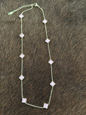 Gammie Italian Clover Pink Enamel Gold Short Chain Necklace