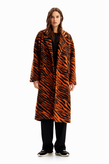 Desigual Long Tiger Print Wool Coat