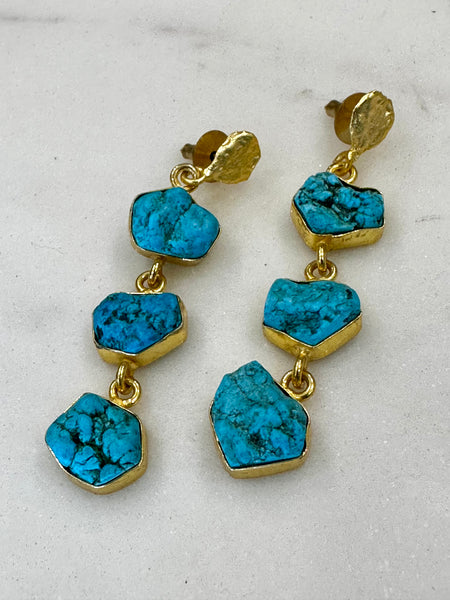 Gemajesty 3 Tier Raw Turquoise Drop Gold Earring